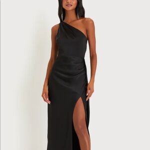 Elegance black satin one shoulder dress